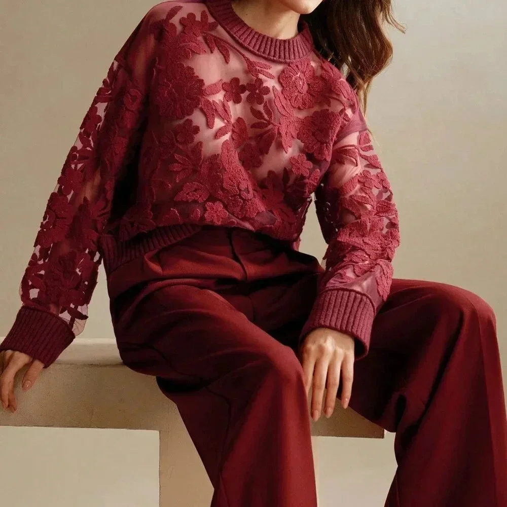 Burgundy Casual Women's Floral Pattern Round Neck Long Sleeve Knit Sweater